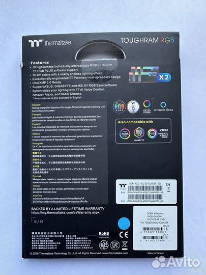 Thermaltake DDR4 4000 мгц 16Gb CL19