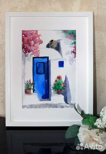 Картина акварелью. Домик в Греции