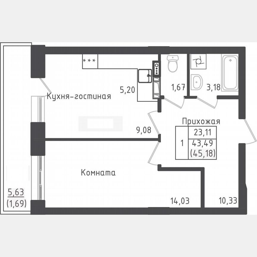 1-к. квартира, 45,2 м², 2/5 эт.