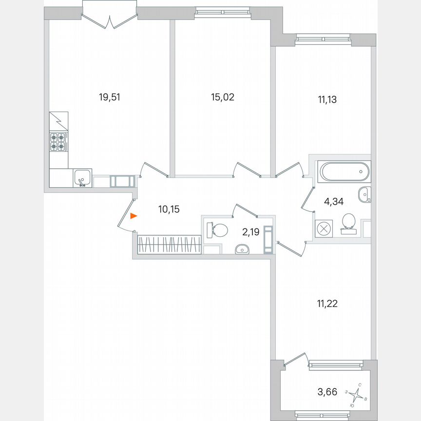 3-к. квартира, 75,4 м², 3/4 эт.