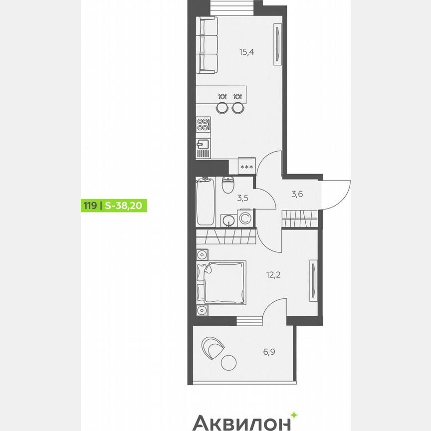1-к. квартира, 38,2 м², 12/12 эт.