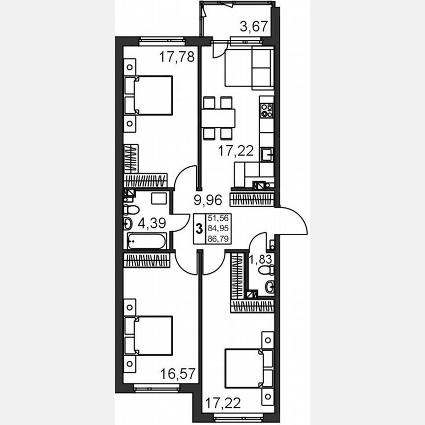 3-к. квартира, 88 м², 4/5 эт.