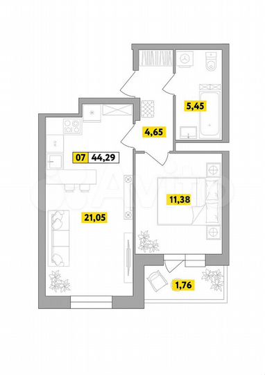 1-к. квартира, 44,3 м², 4/9 эт.