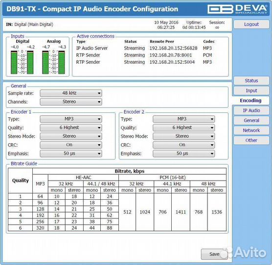 Deva broadcast DB91-TX, Компактный IP аудио кодер второго поколения. Несимметричные входы, spdif, вн