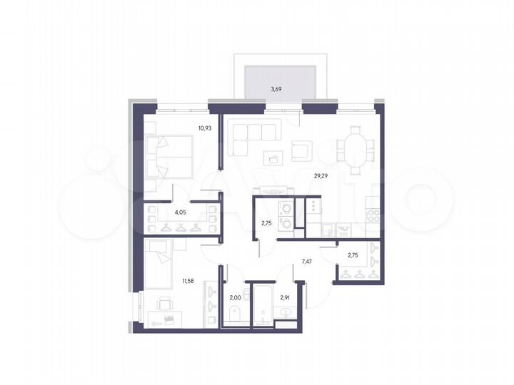 2-к. квартира, 73,7 м², 3/9 эт.