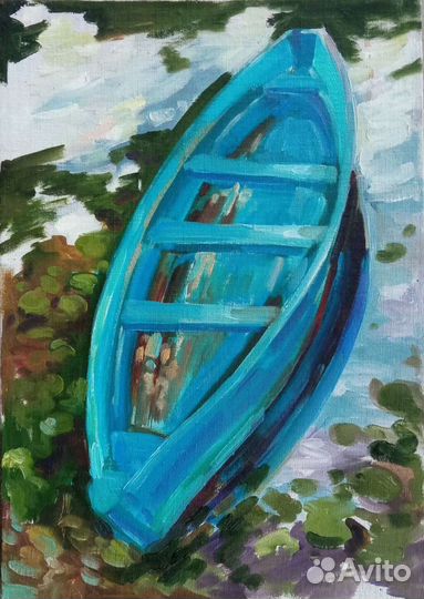 Картина маслом пейзаж с лодкой