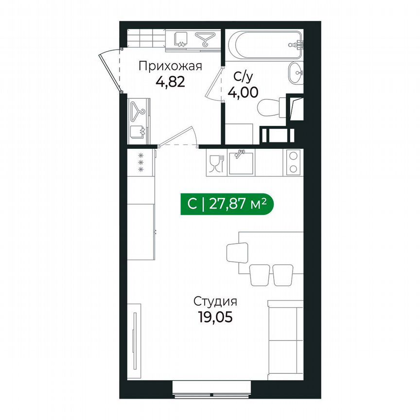 Квартира-студия, 27,9 м², 2/8 эт.