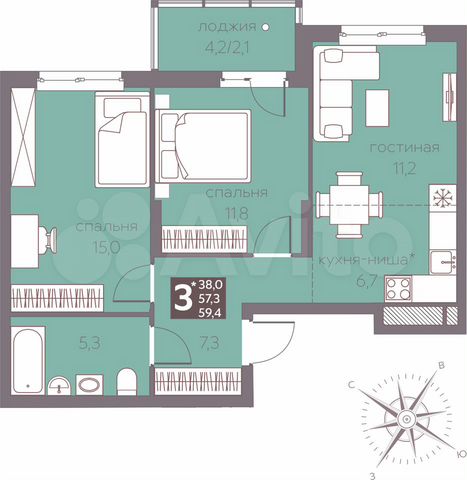 3-к. квартира, 59,4 м², 13/16 эт.