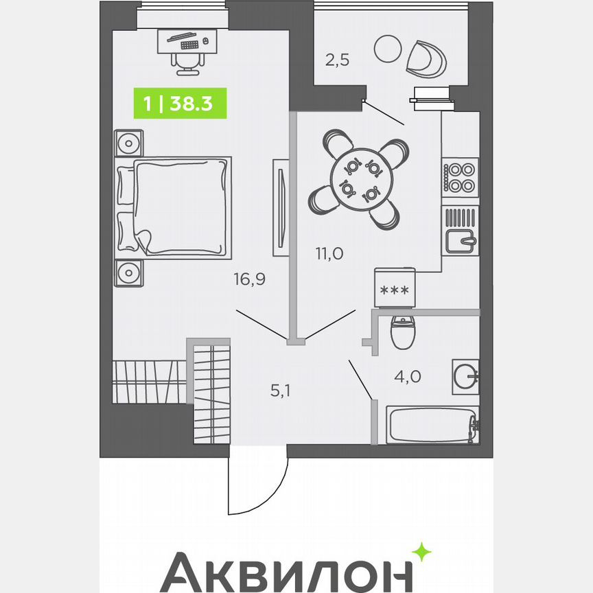 1-к. квартира, 38,3 м², 1/13 эт.