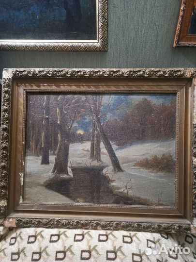 Старинная картина. Зимний пейзаж. Холст. Масло