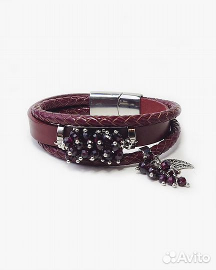 Браслет кожаный женский с бусинами Граната