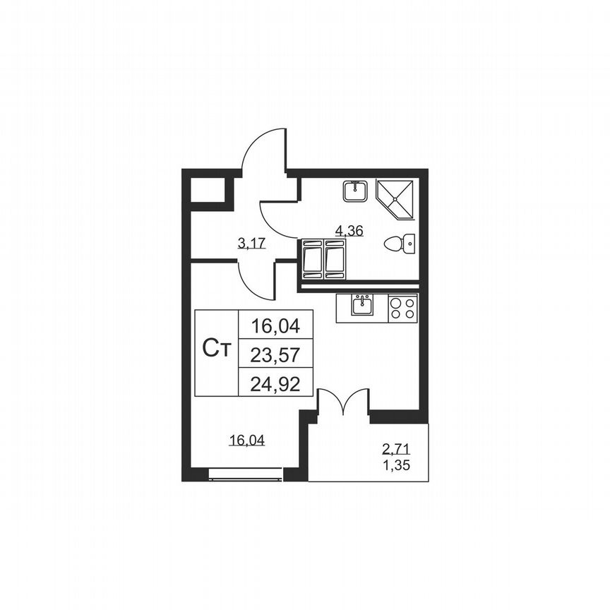 Квартира-студия, 24,9 м², 15/19 эт.