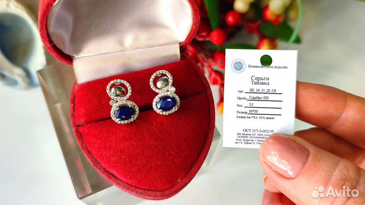 Серьги с сапфирами Шри-Ланка 2ct, 5,1 гр, s925