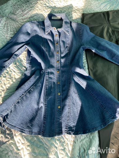 Джинсовая рубашка-туника кожаные брюки