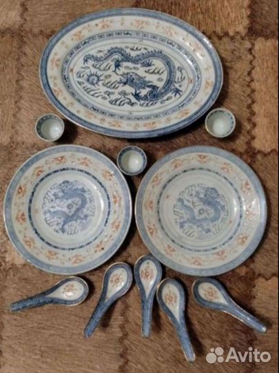 Старинный китайский сервиз голубой рисовый дракон