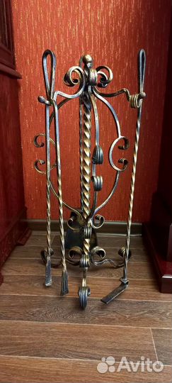 Каминный набор кованный и дровница цвет бронза