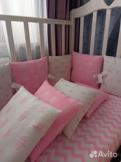 Новые бортики, простынь, подушка и одеяло