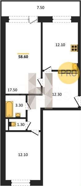 2-к. квартира, 58,6 м², 6/17 эт.