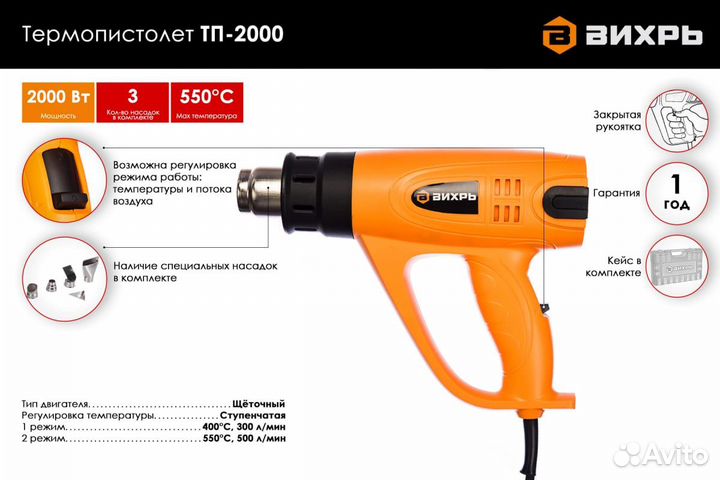 Термопистолет (фен) вихрь тп-2000