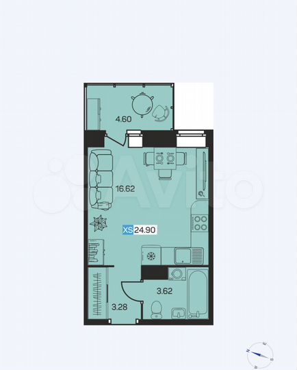 Квартира-студия, 24,9 м², 2/9 эт.