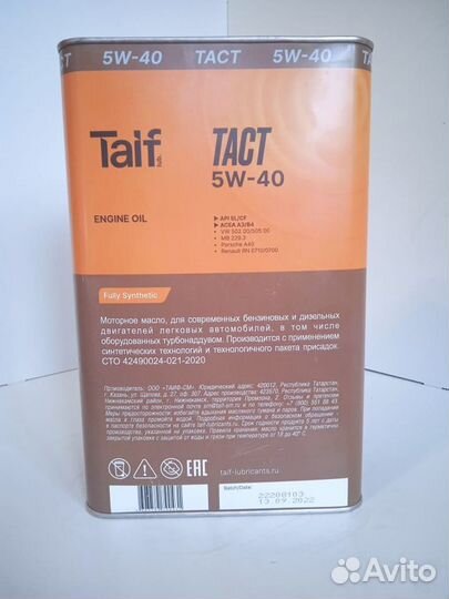 Моторное масло Taif Tact 5W-40 SL/CF, A3/B4 - 4 л