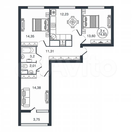 3-к. квартира, 74,8 м², 2/17 эт.