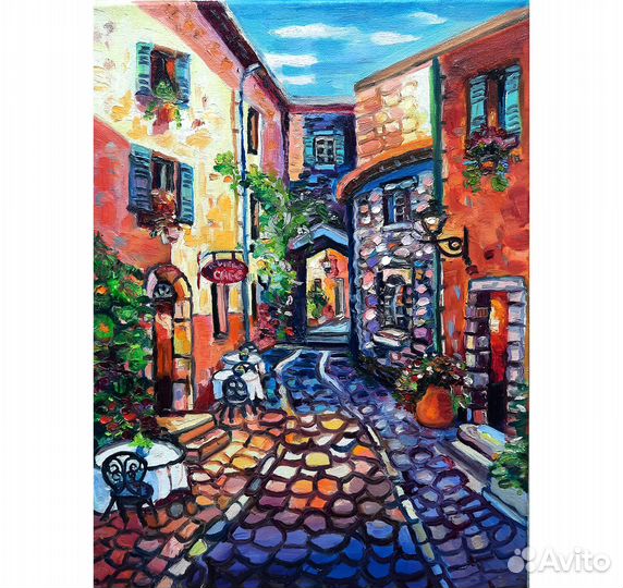 Картина маслом Кафе в старом городе холст 40*30см