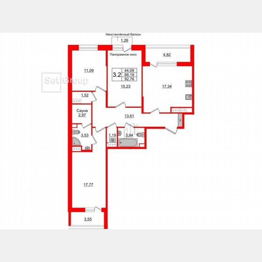 3-к. квартира, 88,2 м², 6/9 эт.