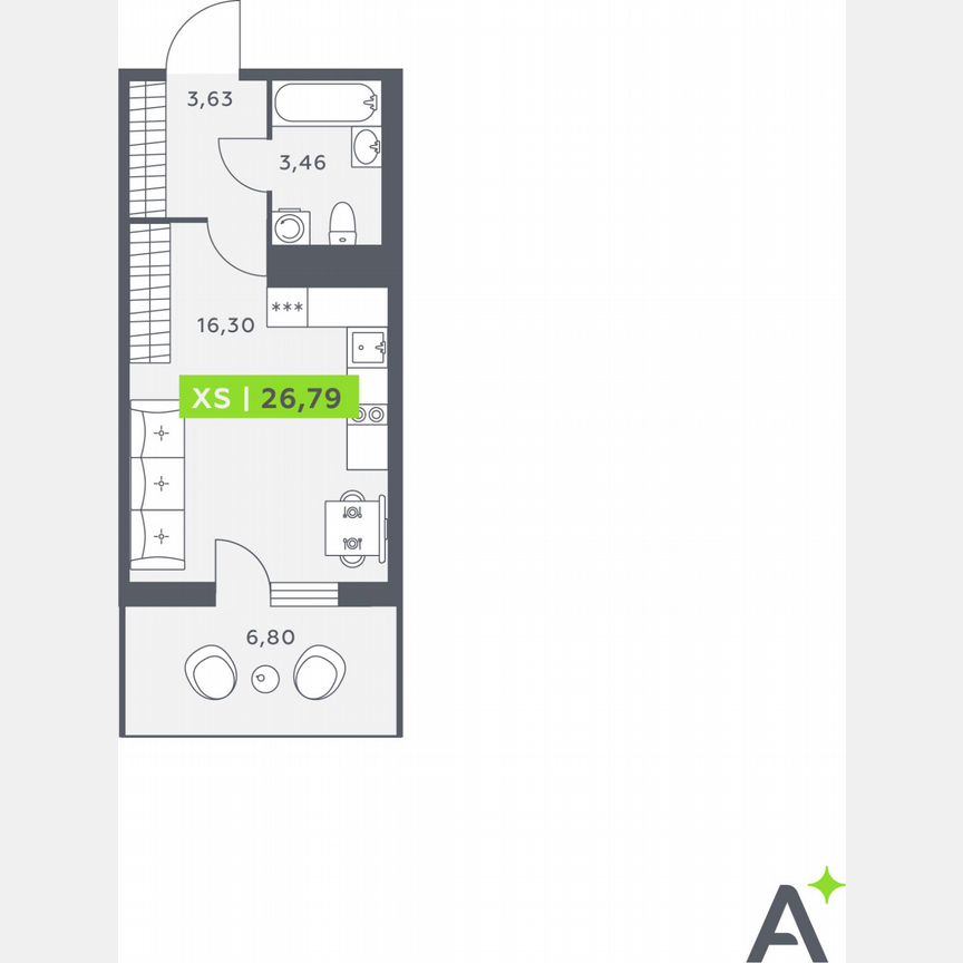 Квартира-студия, 25,1 м², 9/12 эт.