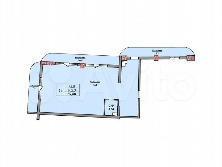 Своб. планировка, 89 м², 3/9 эт.