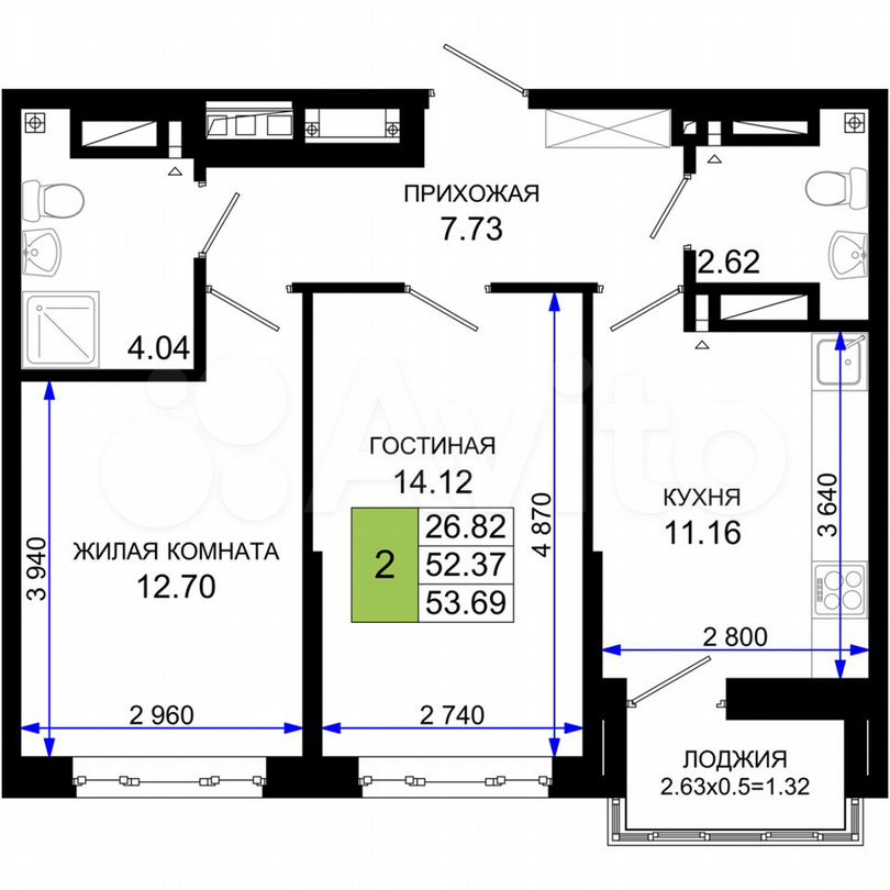 2-к. квартира, 53,7 м², 18/25 эт.