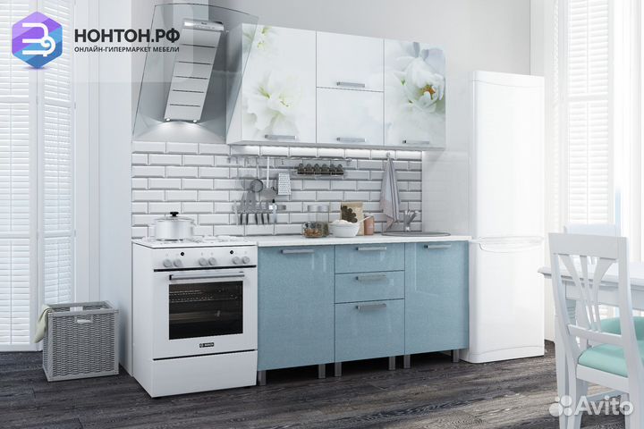 Кухня Бьянка 1.5 м голубые блестки / фотопечать