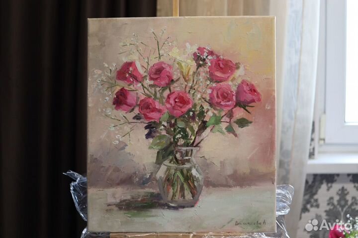 Картина маслом Цветы Букет роз на холсте 35х40см