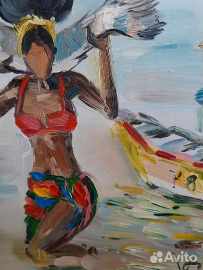 Картина маслом девушка с рыбой и парусником 13х18