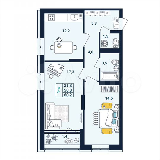 2-к. квартира, 60,4 м², 14/25 эт.