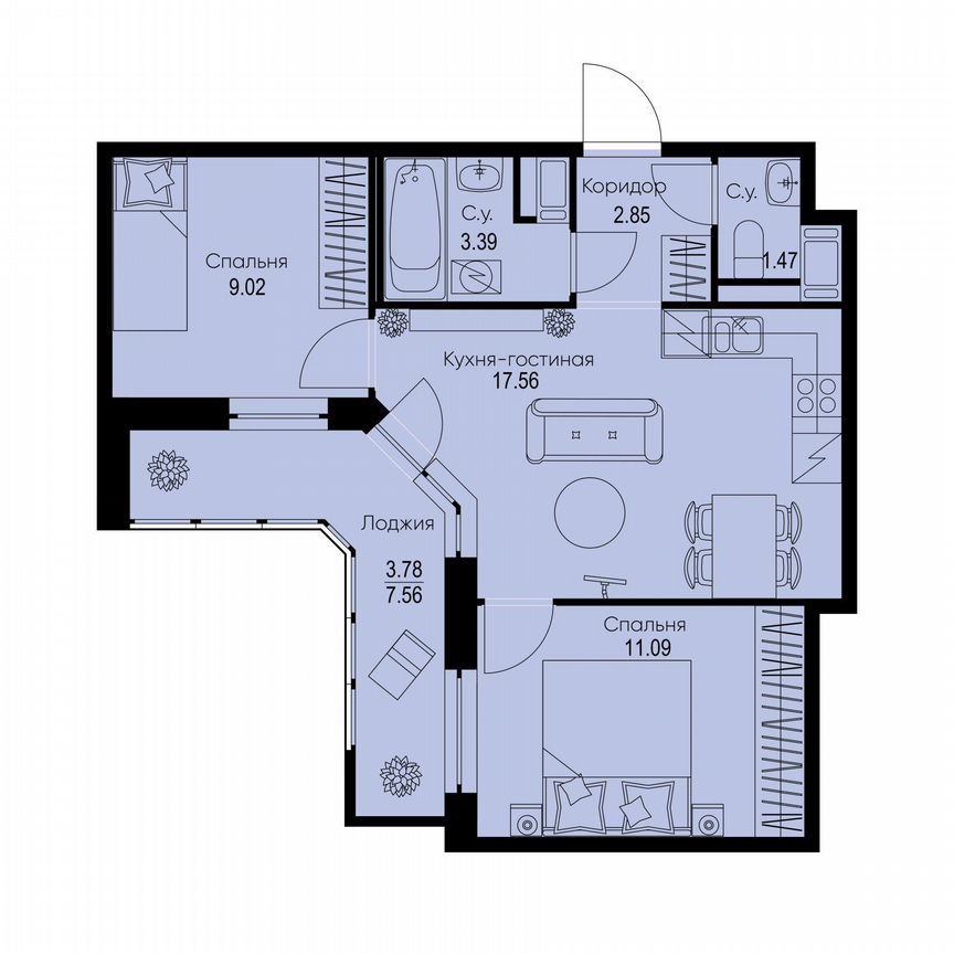 2-к. квартира, 49,2 м², 3/9 эт.