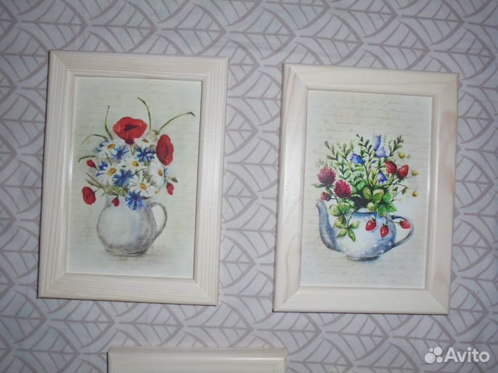 4 панно 13 х 18 Акварельн цветы дерев рамка