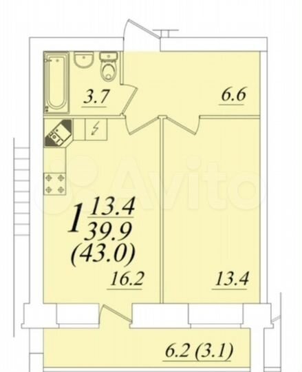 1-к. квартира, 43 м², 6/10 эт.