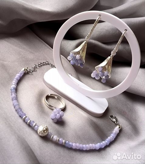 Комплект серьги браслет кольцо агат натуральный