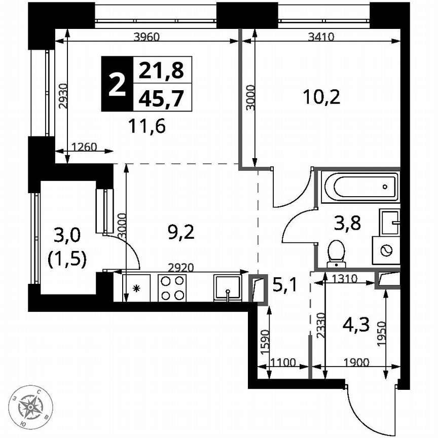 1-к. квартира, 45,7 м², 2/21 эт.