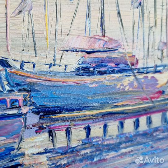 Морской пейзаж маслом картина с лодками берег моря