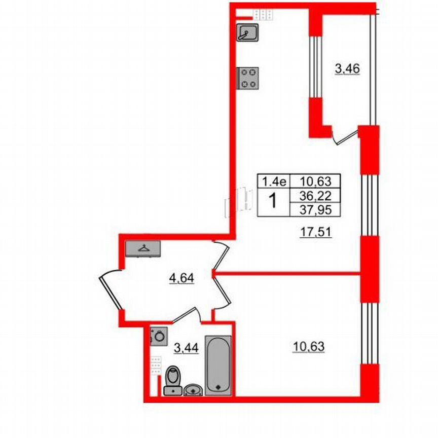 1-к. квартира, 36,2 м², 5/5 эт.