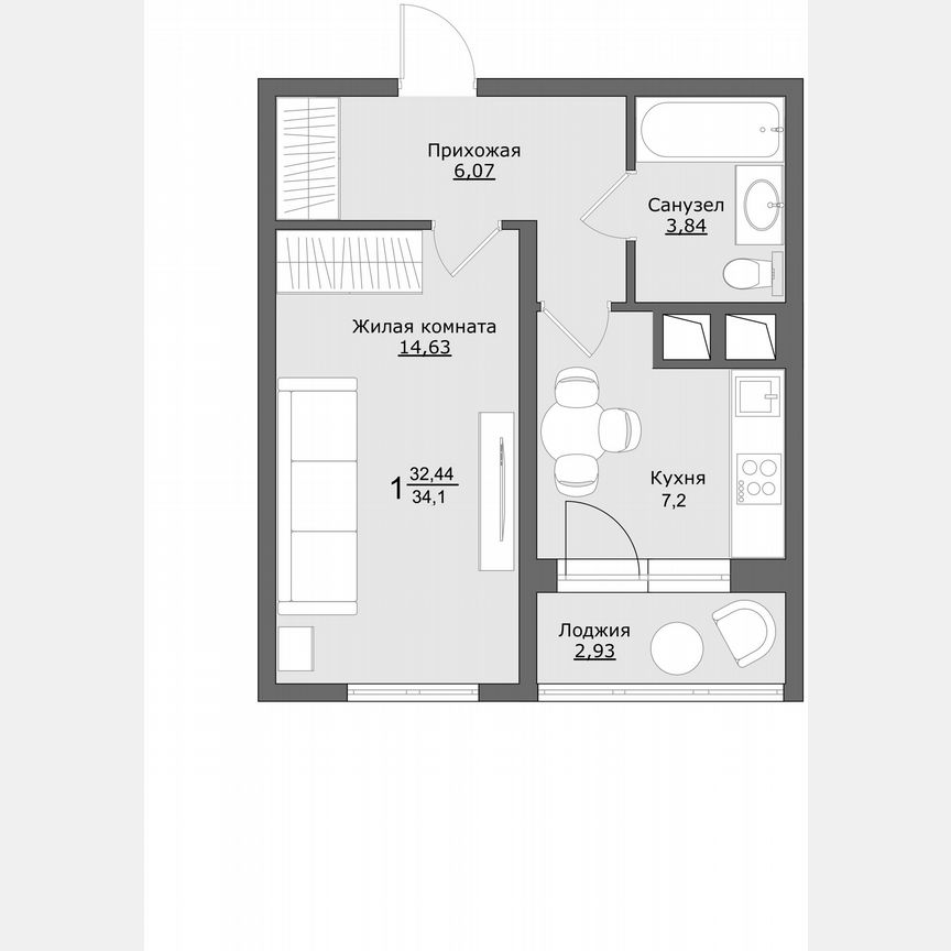 1-к. квартира, 34,1 м², 6/9 эт.