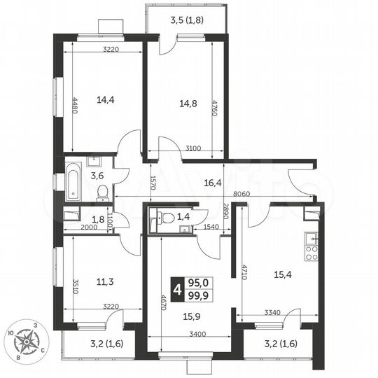 4-к. квартира, 100,4 м², 11/25 эт.
