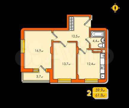 2-к. квартира, 61,8 м², 4/8 эт.