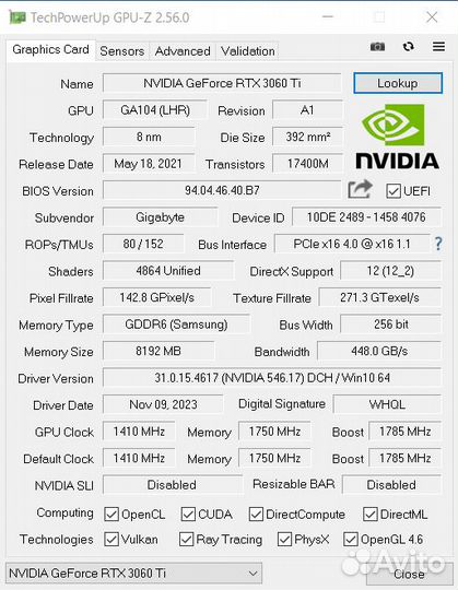 Gigabyte GeForce RTX 3060 Ti aorus elit (lhr)