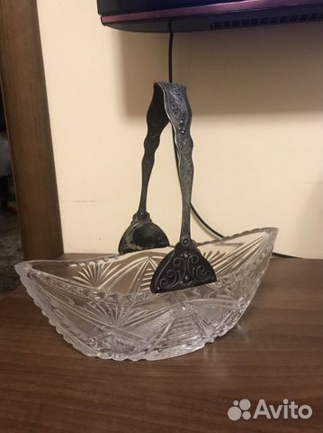 Конфетница, хрустальная ладья СССР с мельхиоровой