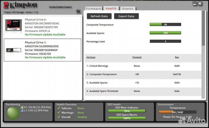 NVMe M.2 SSD Kingston A2000 250Gb на гарантии