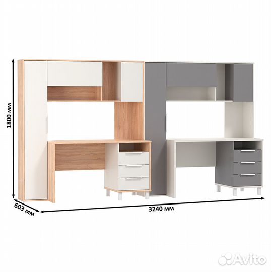 Два стола компьютерных с тумбой три ящика Mobi Комфорт 12.95N сонома/белый/серый шифер