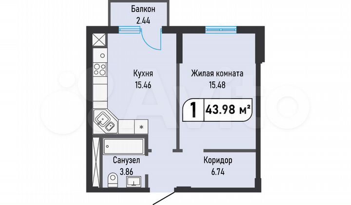 1-к. квартира, 44 м², 1/6 эт.